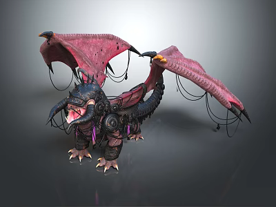 Fantasy Dragon Creature Featuring Red Pink Wings Black Body Open Mouth And Sharp Teeth 3d model