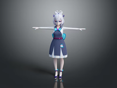Anime Style 3D Game Character With White Twin Ponytails Blue Dress And Purple Shoes 3d model