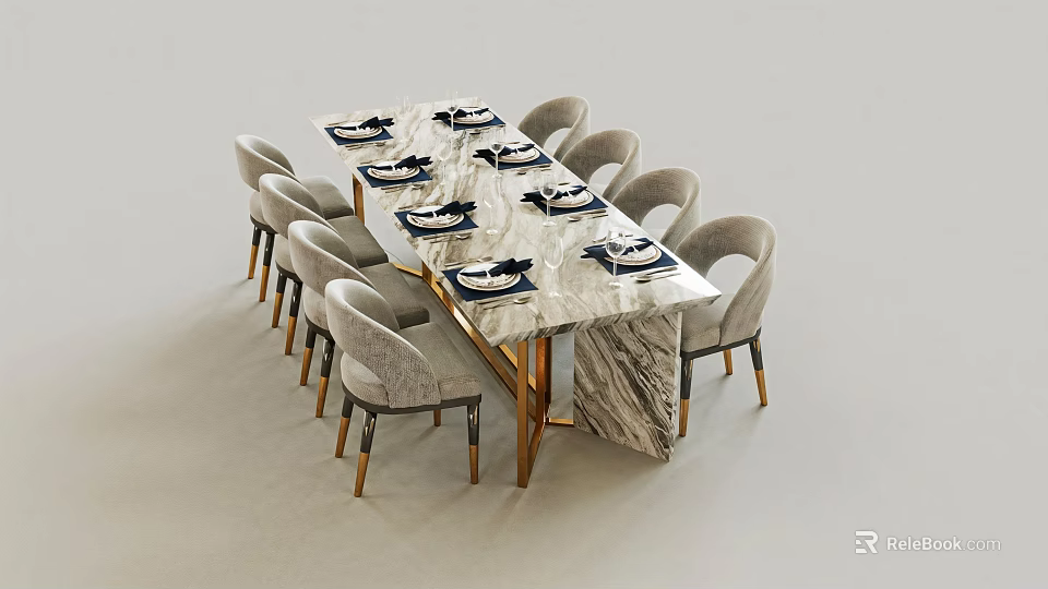 Elegant Dining Table Set With Marble Tabletop Gold Legs And Light Gray Upholstered Chairs 3d model 