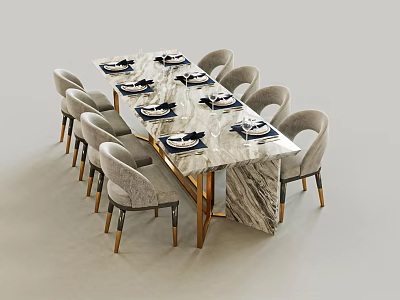Elegant Dining Table Set With Marble Tabletop Gold Legs And Light Gray Upholstered Chairs 3d model