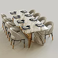 Elegant Dining Table Set With Marble Tabletop Gold Legs And Light Gray Upholstered Chairs 3d model