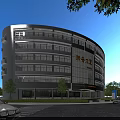 Modern Office Building With Glass Curtain Wall And Surrounding Trees Parking Area