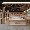 Modern Supermarket Department Store Interior With Display Counters Shelves And Wooden Ceiling Lighting