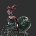 Game and Movie Character With Red Hair Mechanical Arm Green Sphere And Mechanical Structure