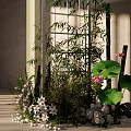 Decorative White Frame With Bamboo Plants Lotus Leaves Flowers And Light Shadows Against Gray Wall