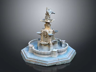 Ornate Multi Tiered Decorative Stone Carved Fountain Featuring Intricate Architectural Details 3d model
