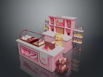 Adorable pink dessert shop with counter display shelves bear doll and desserts 3d model