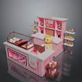 Adorable pink dessert shop with counter display shelves bear doll and desserts