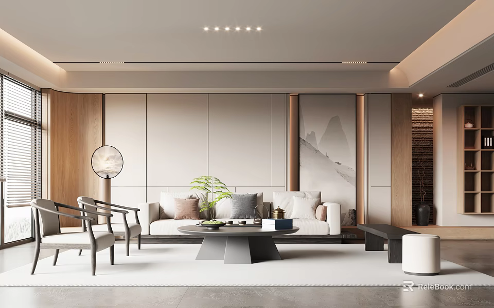 Elegant Modern Living Room Interior With Sofa Coffee Table And Mountain Painting 3d model 