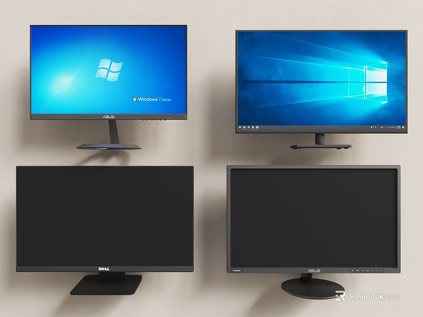 Four Computer Monitors With Two Active Screens Showing Windows Interface and Two Black Screens 3d model 