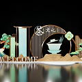 Traditional Chinese Tea Culture Decor With Scrolls Pine Trees And Welcome Sign