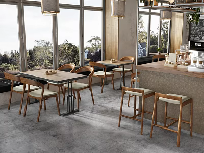 Cozy Modern Café Interior With Hanging Lights Wooden Tables Bar Stools And Scenic View 3d model