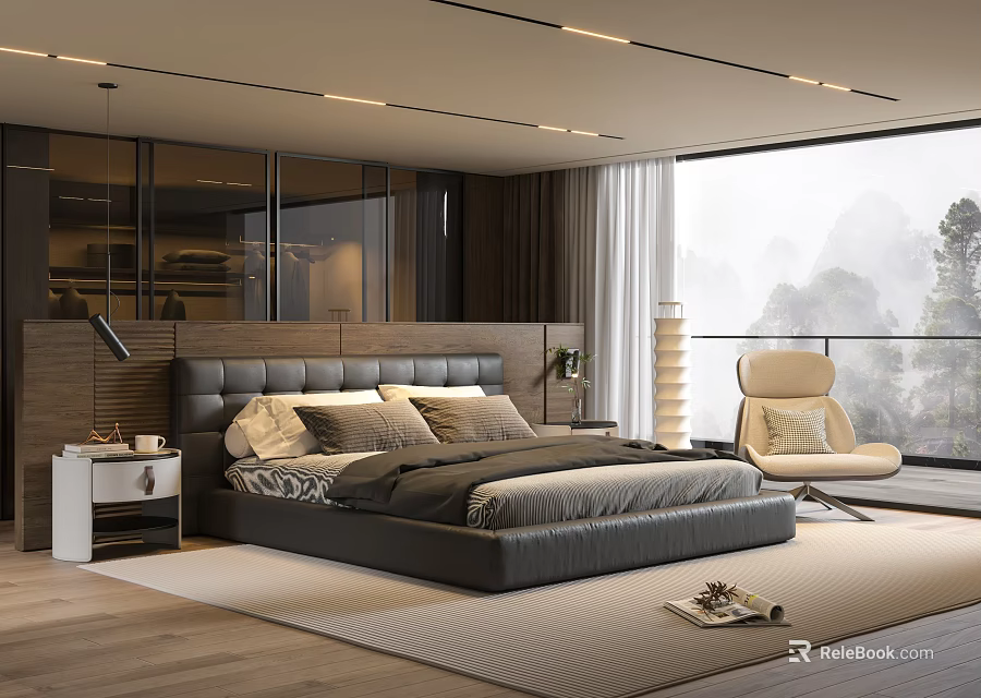 Modern Bedroom Interior Design With Large Bed Nightstand Accent Chair And Floor Lamp 3d model 
