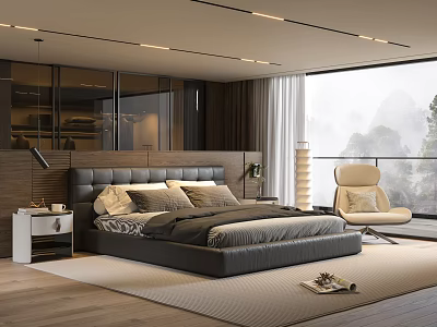 Modern Bedroom Interior Design With Large Bed Nightstand Accent Chair And Floor Lamp 3d model