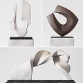 Modern Abstract Sculpture Carving With White Brown Curved Twisted Shapes On Pedestal Base