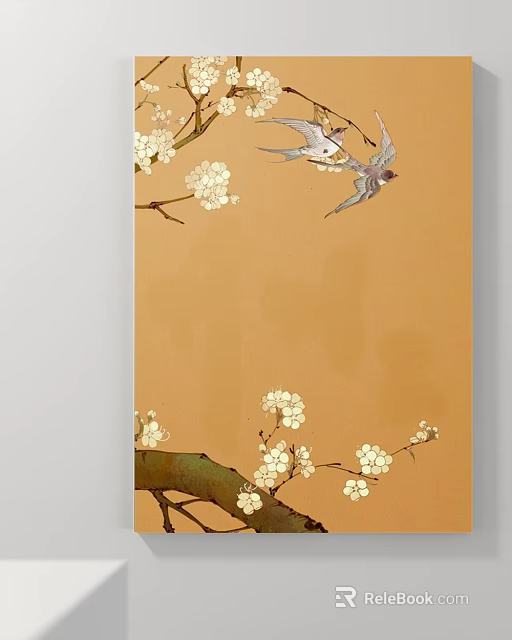 Botanical Painting of Plum Blossoms with Branches and Two Birds on Orange Background 3d model 