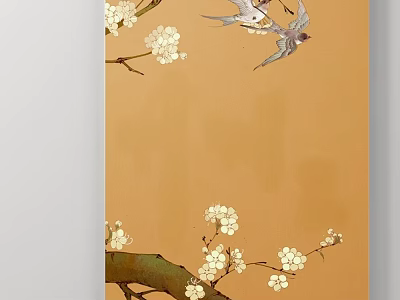 Botanical Painting of Plum Blossoms with Branches and Two Birds on Orange Background 3d model