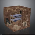 Wooden Cabin Interior With Bunk Bed Blue Cloth Barrel Table And Stools