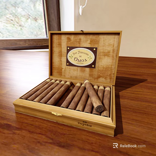 Open Wooden Cigar Box With Habana Omni Label Holding Organized Cigars On Wooden Table 3d model 