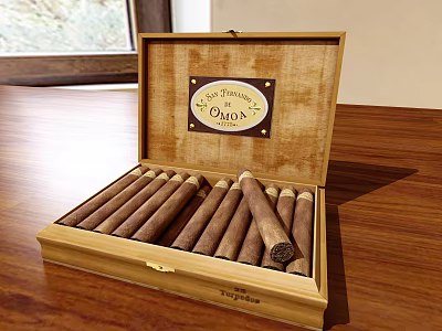 Open Wooden Cigar Box With Habana Omni Label Holding Organized Cigars On Wooden Table 3d model
