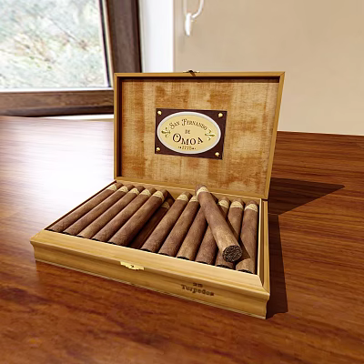 Open Wooden Cigar Box With Habana Omni Label Holding Organized Cigars On Wooden Table 3d model
