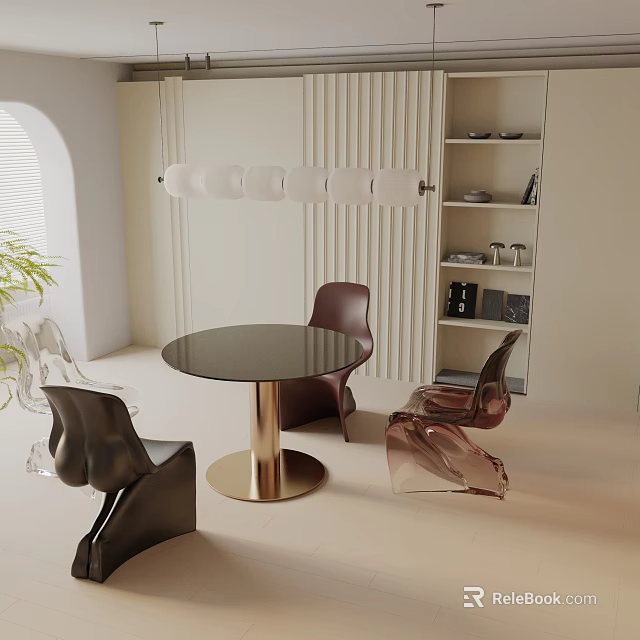 Modern Dining Table Set with Round Glass Top Gold Leg and Transparent Black Chairs 3d model 