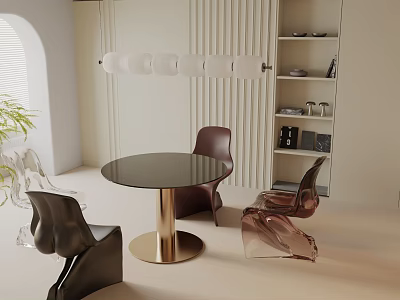 Modern Dining Table Set with Round Glass Top Gold Leg and Transparent Black Chairs 3d model
