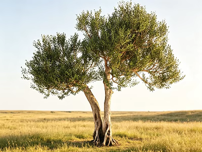 Olive Tree With Split Trunk And Lush Green Foliage In Open Grassland Under Blue Sky 3d model