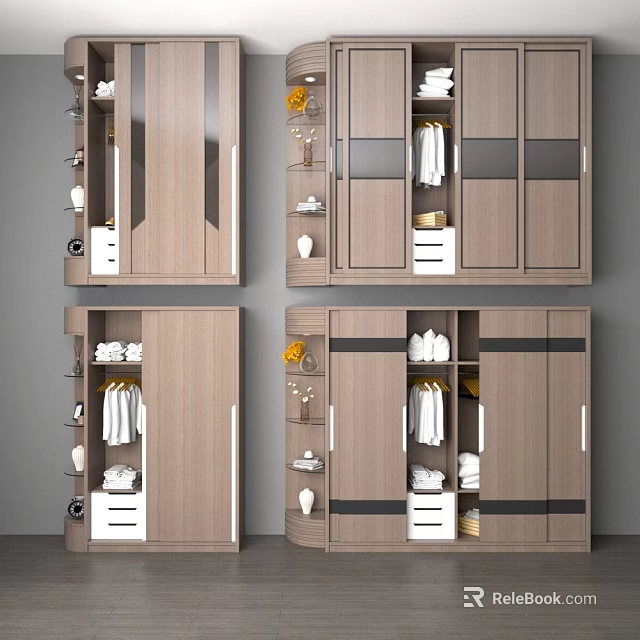 Various Modern Wooden Wardrobe Designs With Hanging Clothes Shelves Drawers And Storage 3d model 