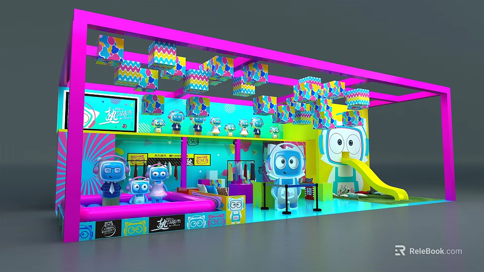 Colorful Children's Play Area With Cartoon Robots Slide And Bright Decorations 3d model 