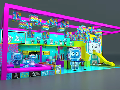 Colorful Children's Play Area With Cartoon Robots Slide And Bright Decorations 3d model