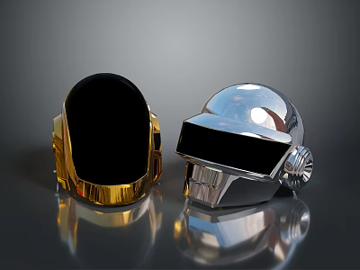Futuristic Weapon Helmets With Golden And Silver Metallic Finish And Black Visors 3d model
