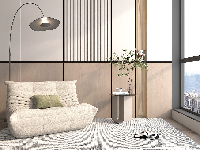 Beige Bean Bag Chair With Green Cushion Floor Lamp Side Table And Large Window 3d model 