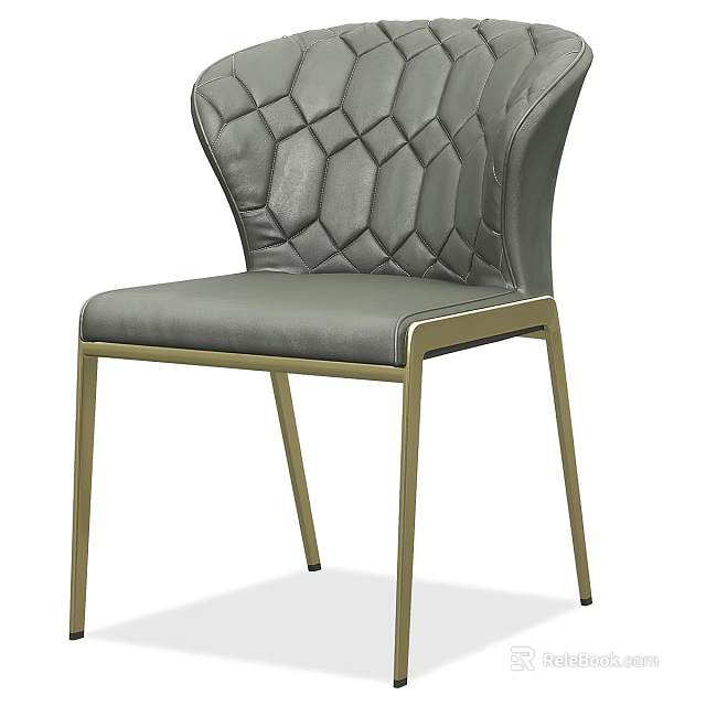 Modern Gray Leather Accent Chair With Diamond Stitch And Gold Metal Legs 3d model 