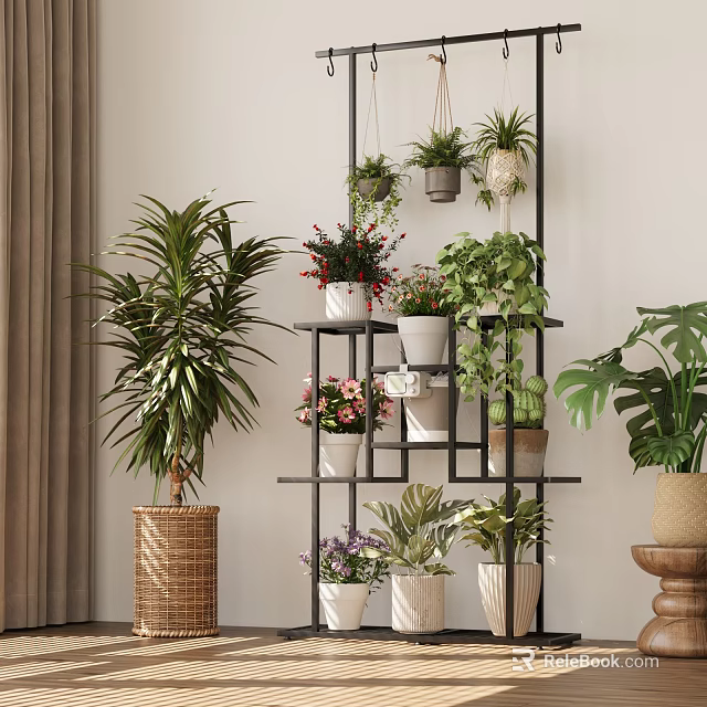 Indoor Plant Shelf Display With Hanging And Potted Greenery In Decorative Pots 3d model 
