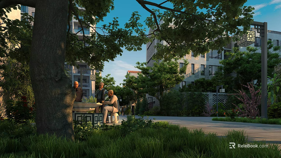 Residential Garden Landscape Featuring Large Trees Bench Seating Lush Greenery And People Relaxing 3d model 