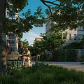 Residential Garden Landscape Featuring Large Trees Bench Seating Lush Greenery And People Relaxing