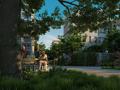 Residential Garden Landscape Featuring Large Trees Bench Seating Lush Greenery And People Relaxing 3d model