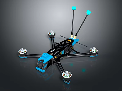 Blue And Black Drone Frame With White Propellers Dual Antennas And Camera Mount 3d model