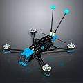 Blue And Black Drone Frame With White Propellers Dual Antennas And Camera Mount