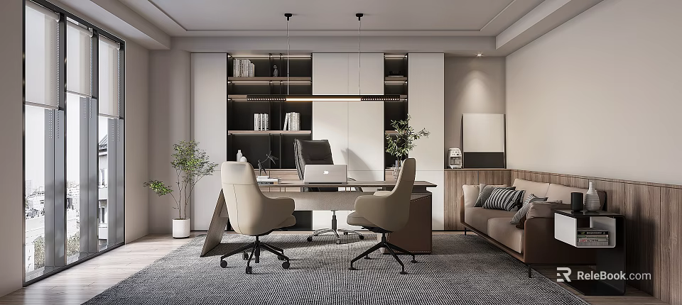 Modern Office Interior Design With Desk Computers Chairs Sofa Bookshelf And Plants 3d model