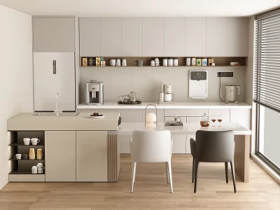 Modern Restaurant Kitchen Interior with Open Layout Island Counter Cabinets Chairs Appliances and Window Blinds 3d model