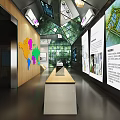 Modern Tech Exhibition Hall With Circular Booth Display Screens And Data Charts 3d model