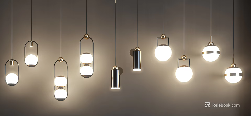 Modern Pendant Lights With Metallic Frames Glass Shades And Geometric Designs 3d model 