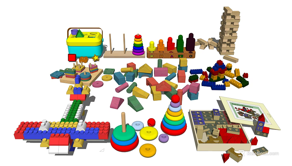 Colorful Building Blocks With Various Shapes Stacked Towers Built Houses And Storage Bucket 3d model 