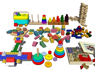 Colorful Building Blocks With Various Shapes Stacked Towers Built Houses And Storage Bucket 3d model