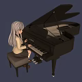 Anime Girl With White Hair And Yellow Eyes Playing Piano On Dark Blue Background