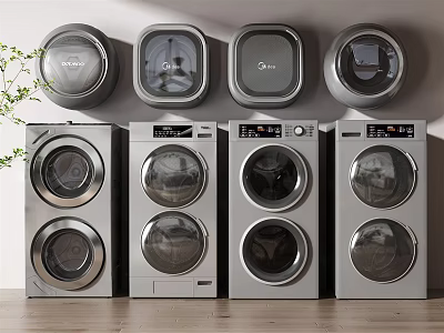 Modern Silver Washing Machines With Round Doors Floor And Wall Mounted Multiple Units 3d model