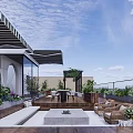 Rooftop Garden Design With Wooden Pergola Climbing Plants Planters And Sea View Terrace Area