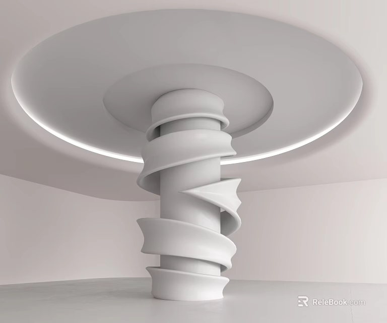 Modern Minimalist White Spiral Column with Circular Ceiling on Top and Surrounding Illuminated Lights 3d model 